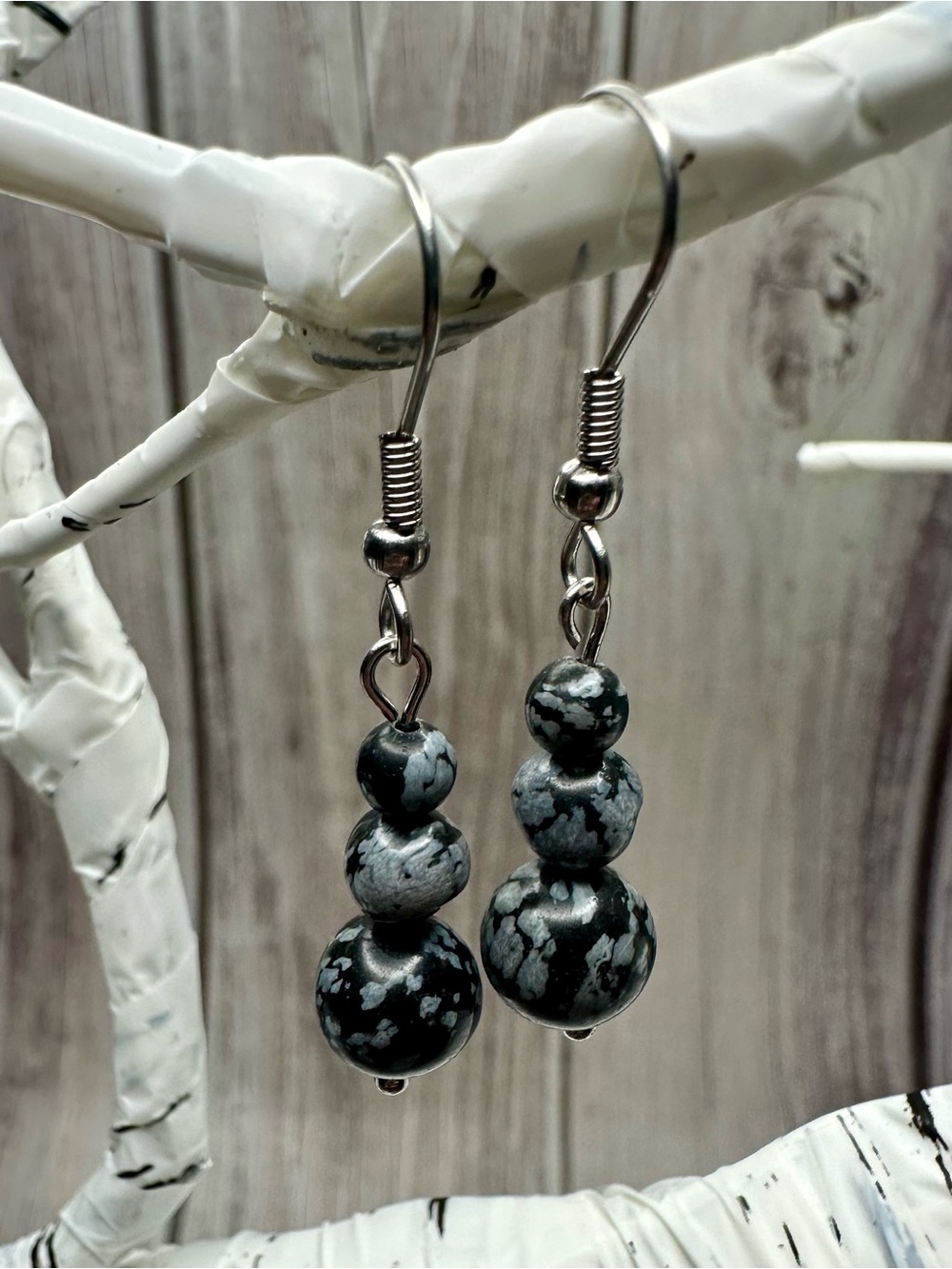 Handmade Black and Gray Snowflake Black Obsidian Bead Drop Earrings